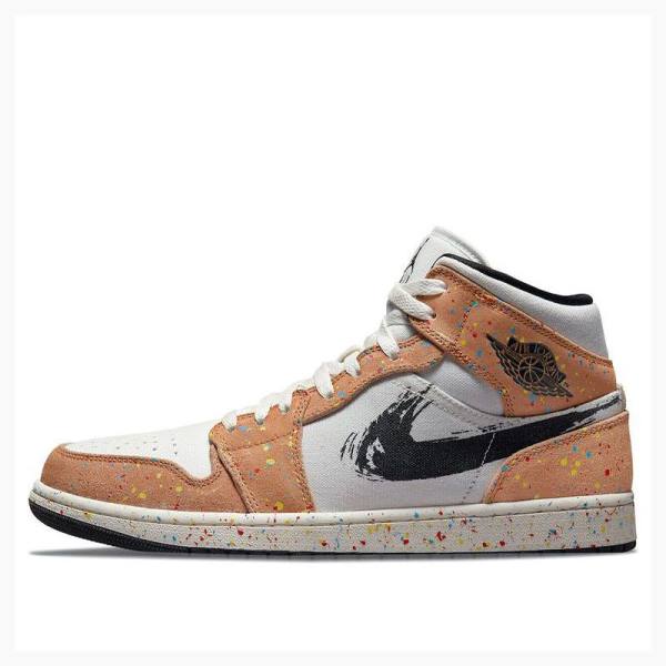 Nike Mid SE Brushstroke Basketskor Air Jordan 1 Herr Vita Bruna | JD-984IA